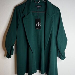 Dear Scarlett Dark Green Ruched Sleeve Open Front Blazer Size L NWT